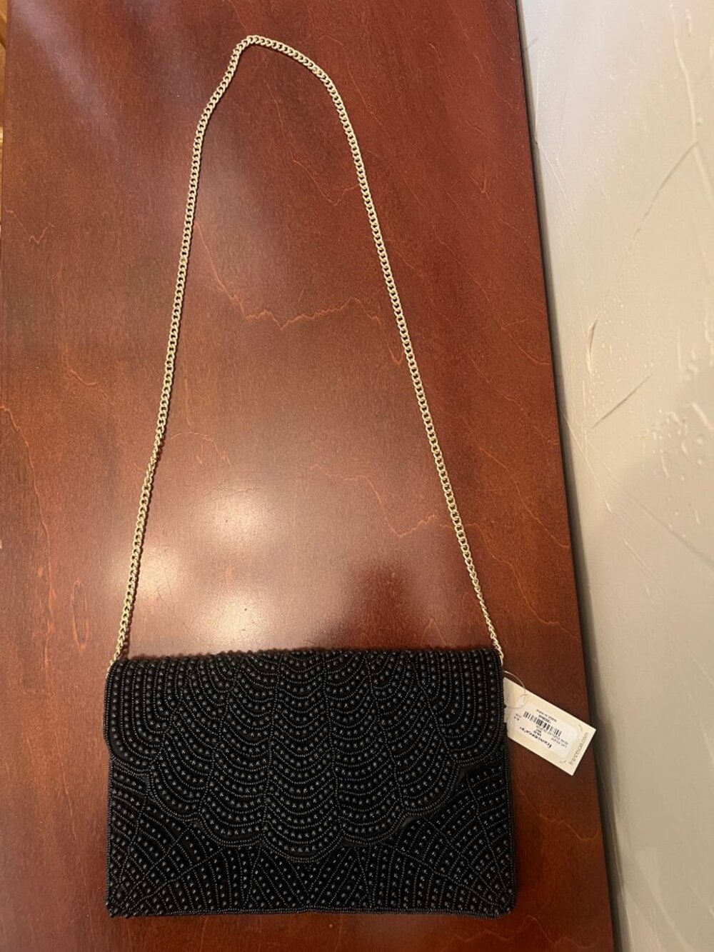 NWT Francesca’s Black Beaded Scallop Clutch Purse w/Gold Chain Strap Evening Bag